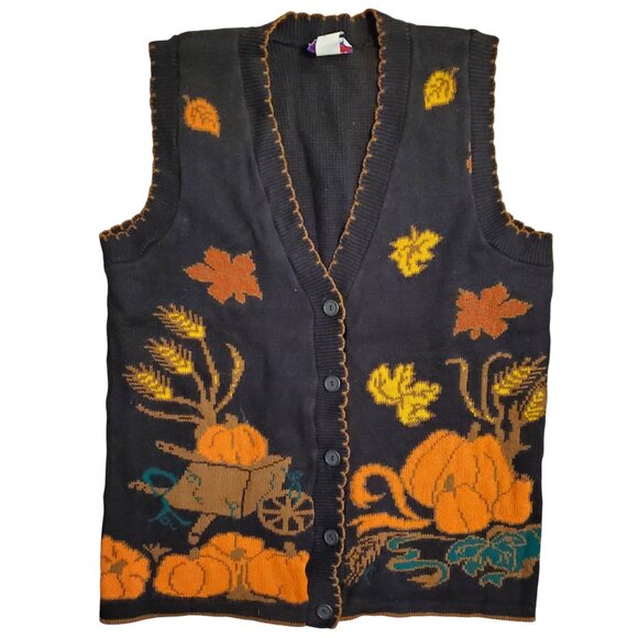 Halloween Pumpkin Patch Sweater Vest Vintage 80s Orange Black Fall Cardigan - Picture 1 of 9